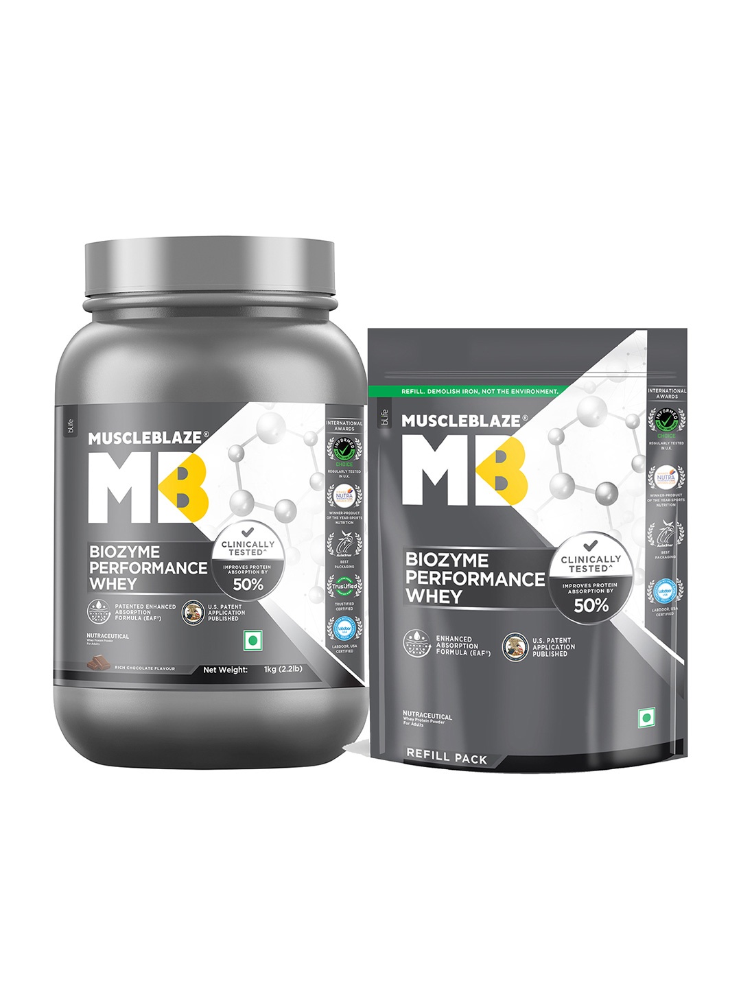 

MuscleBlaze Biozyme Performance 2.2 lb Protein With Refill Pack-Rich Chocolate Flavour-2kg, Brown