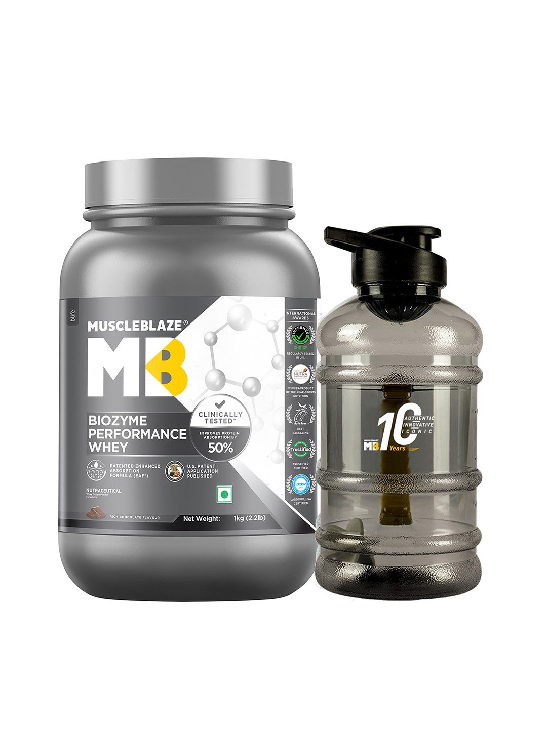 

MuscleBlaze Performance 10Years Gallon Water Bottle Rich Protein Chocolate Flavour - 1 kg, Black