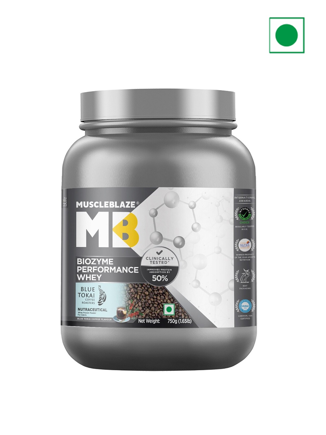 

MuscleBlaze Biozyme Performance Whey Blue Tokai 750g, Brown