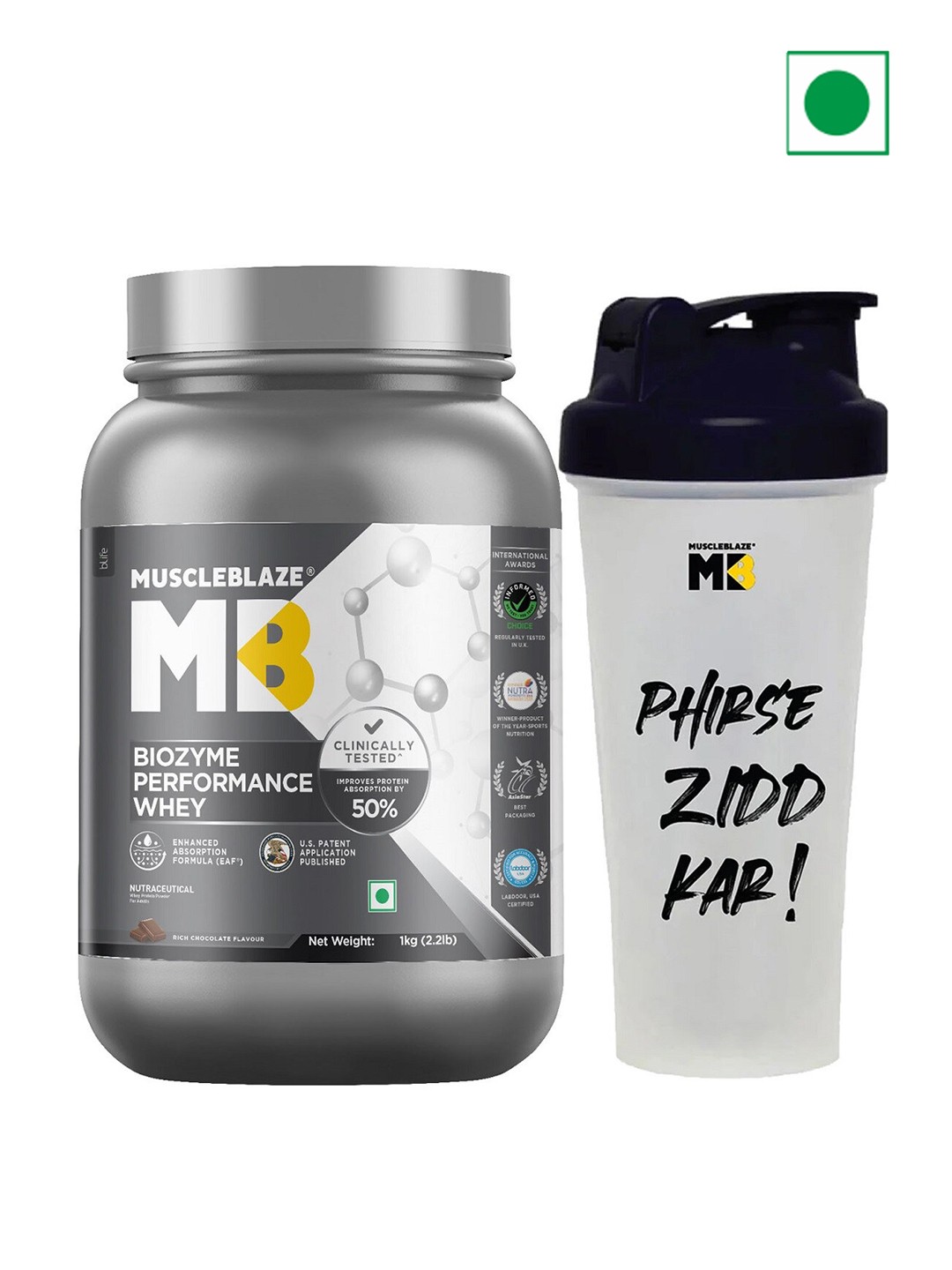 

MuscleBlaze Biozyme Performance Whey Rich Chocolate Flavour With Shaker 1Kg, Brown