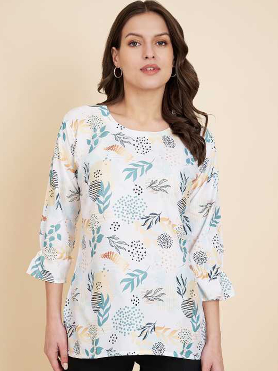 

VAIRAGEE Floral Printed Cuffed Sleeve Top, White