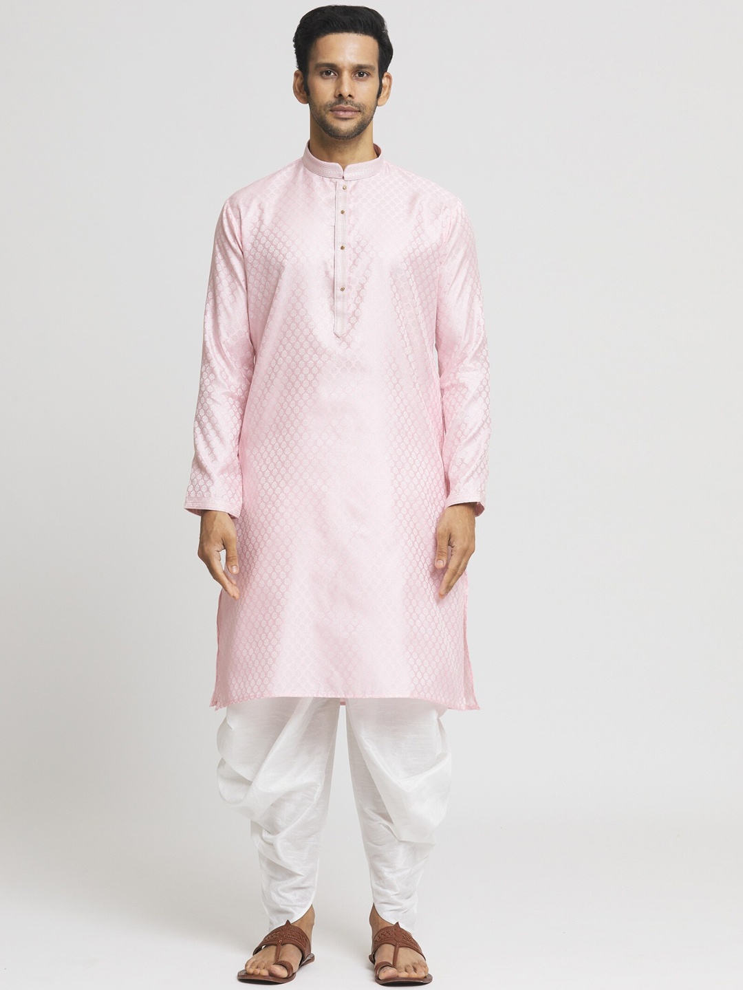 

Indian Poshakh Men Ethnic Motifs Regular Kurta with Dhoti Pants, Pink