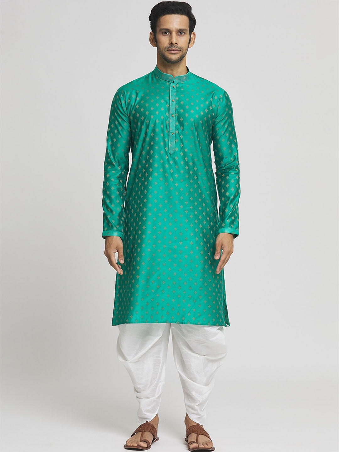 

Indian Poshakh Men Regular Kurta with Dhoti Pants, Turquoise blue