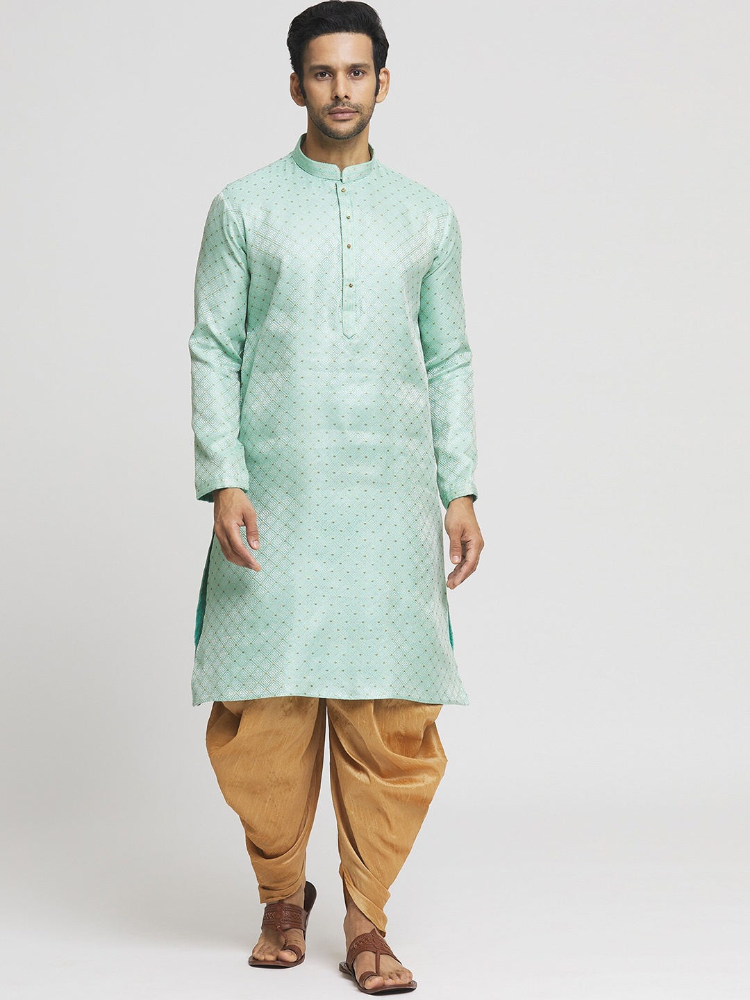 

Indian Poshakh Mandarin Collar Long Sleeves Woven Design Straight Kurta with Dhoti Pant, Sea green
