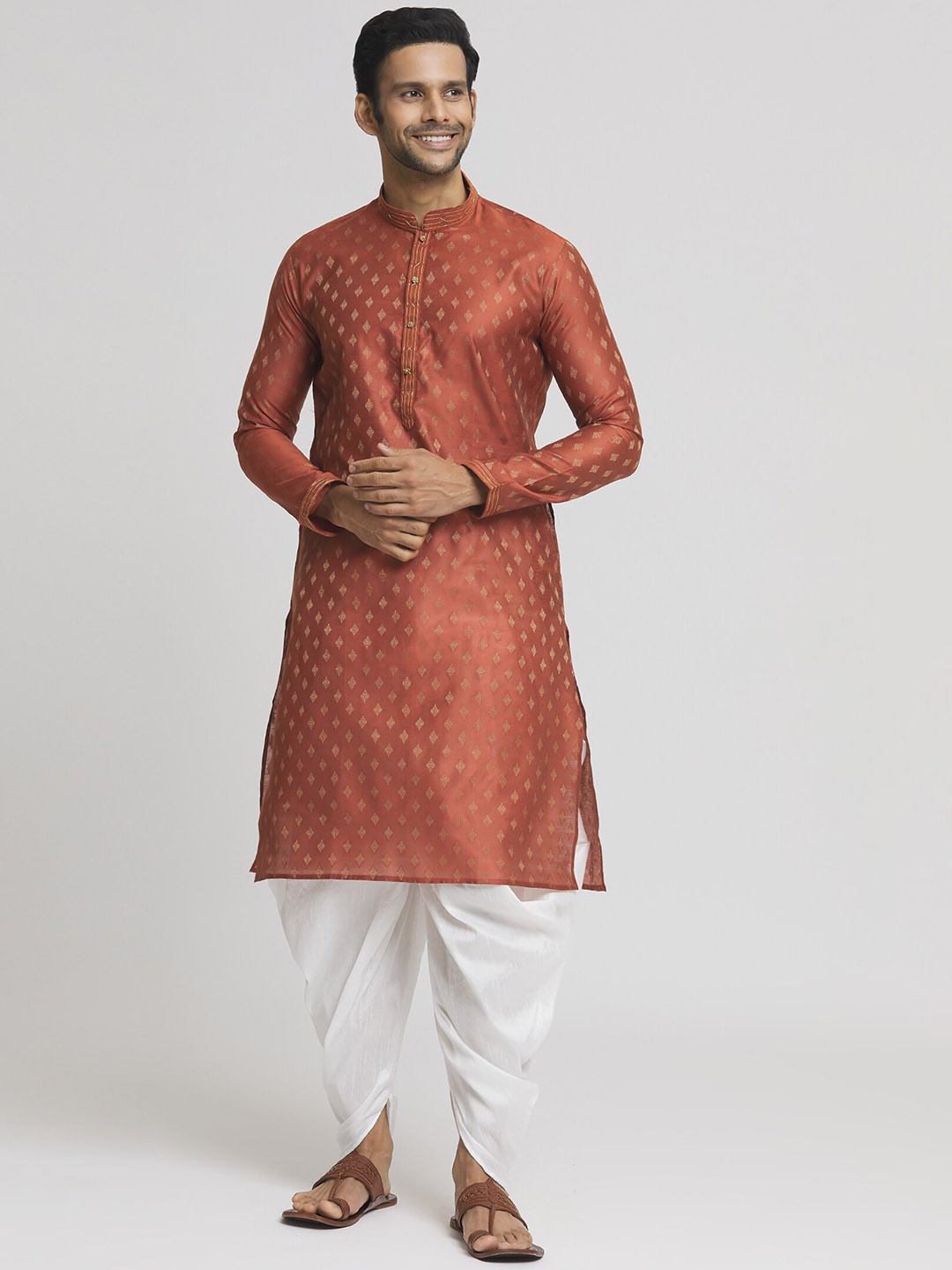

Indian Poshakh Ethnic Motifs Woven Design Straight Kurta with Dhoti Pants, Brown