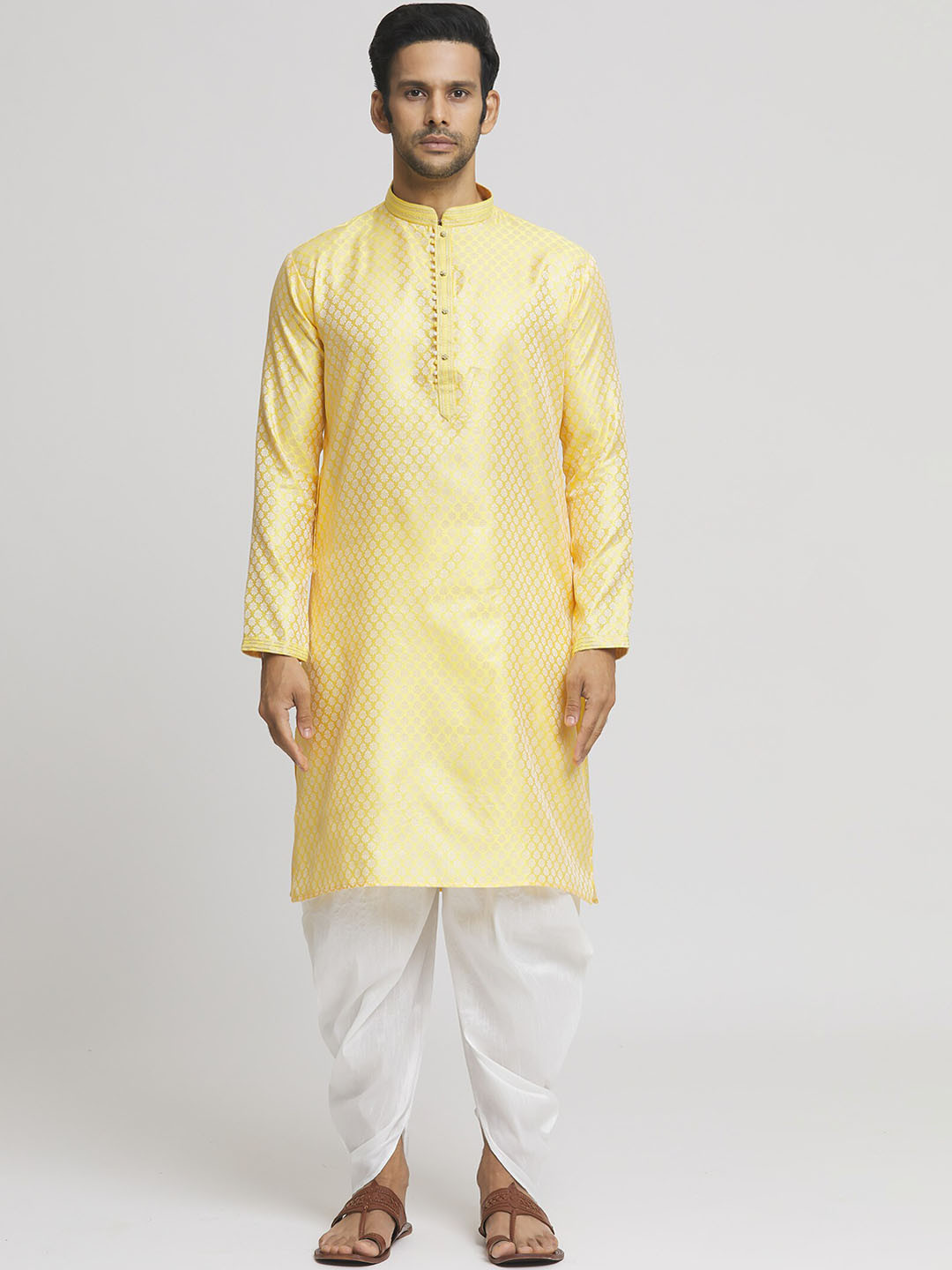 

Indian Poshakh Men Ethnic Motifs Regular Kurta with Dhoti Pants, Yellow