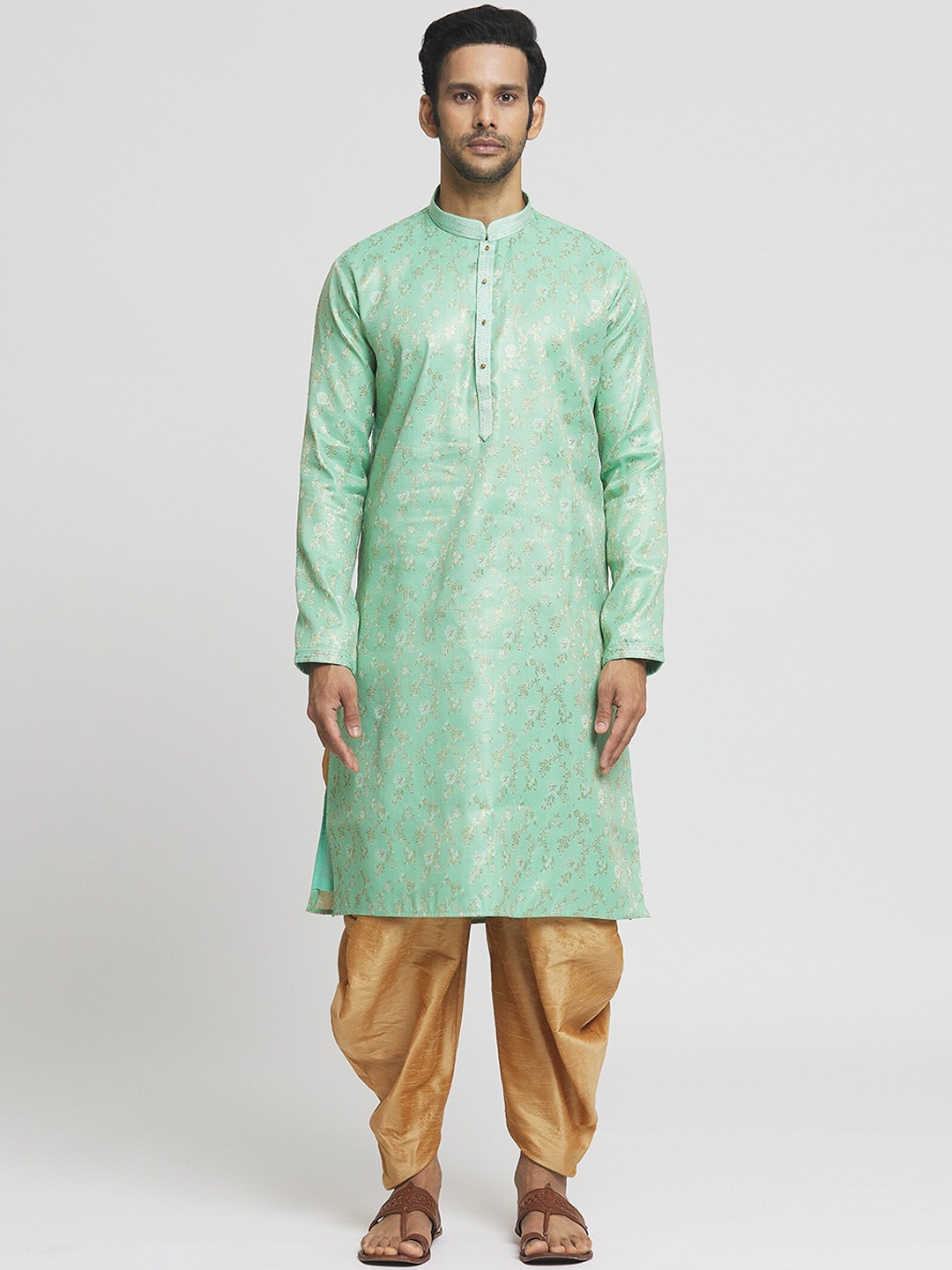 

Indian Poshakh Floral Woven Design Straight Kurta with Dhoti Pants, Green