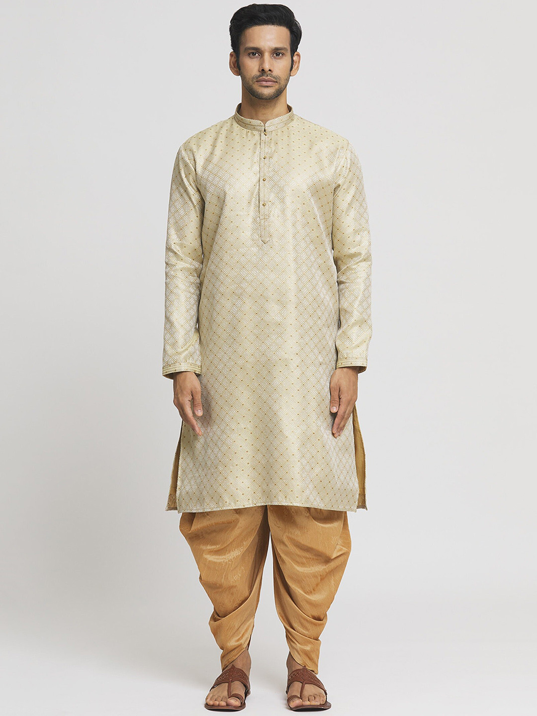 

Indian Poshakh Ethnic Motifs Woven Design Straight Kurta with Dhoti Pants, Beige