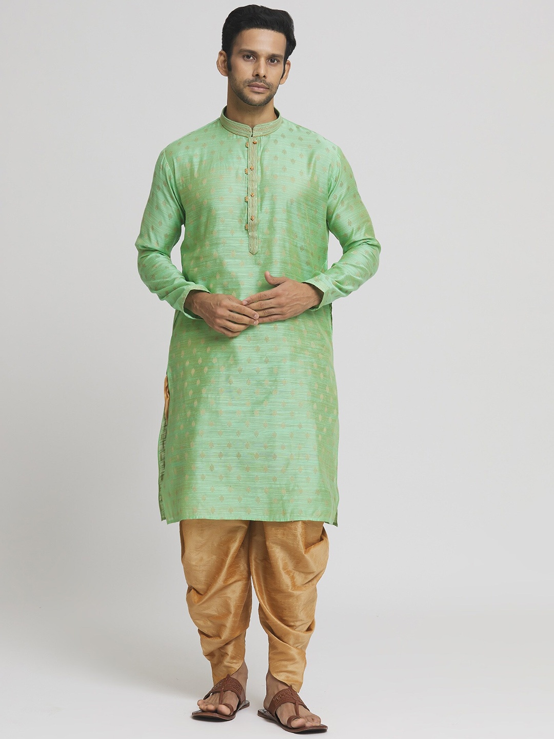 

Indian Poshakh Ethnic Motifs Woven Design Straight Kurta with Dhoti Pants, Green