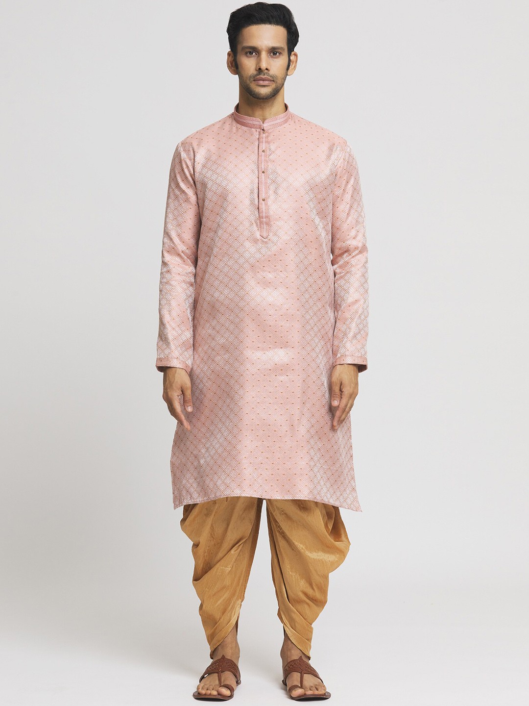 

Indian Poshakh Men Regular Kurta with Dhoti Pants, Pink