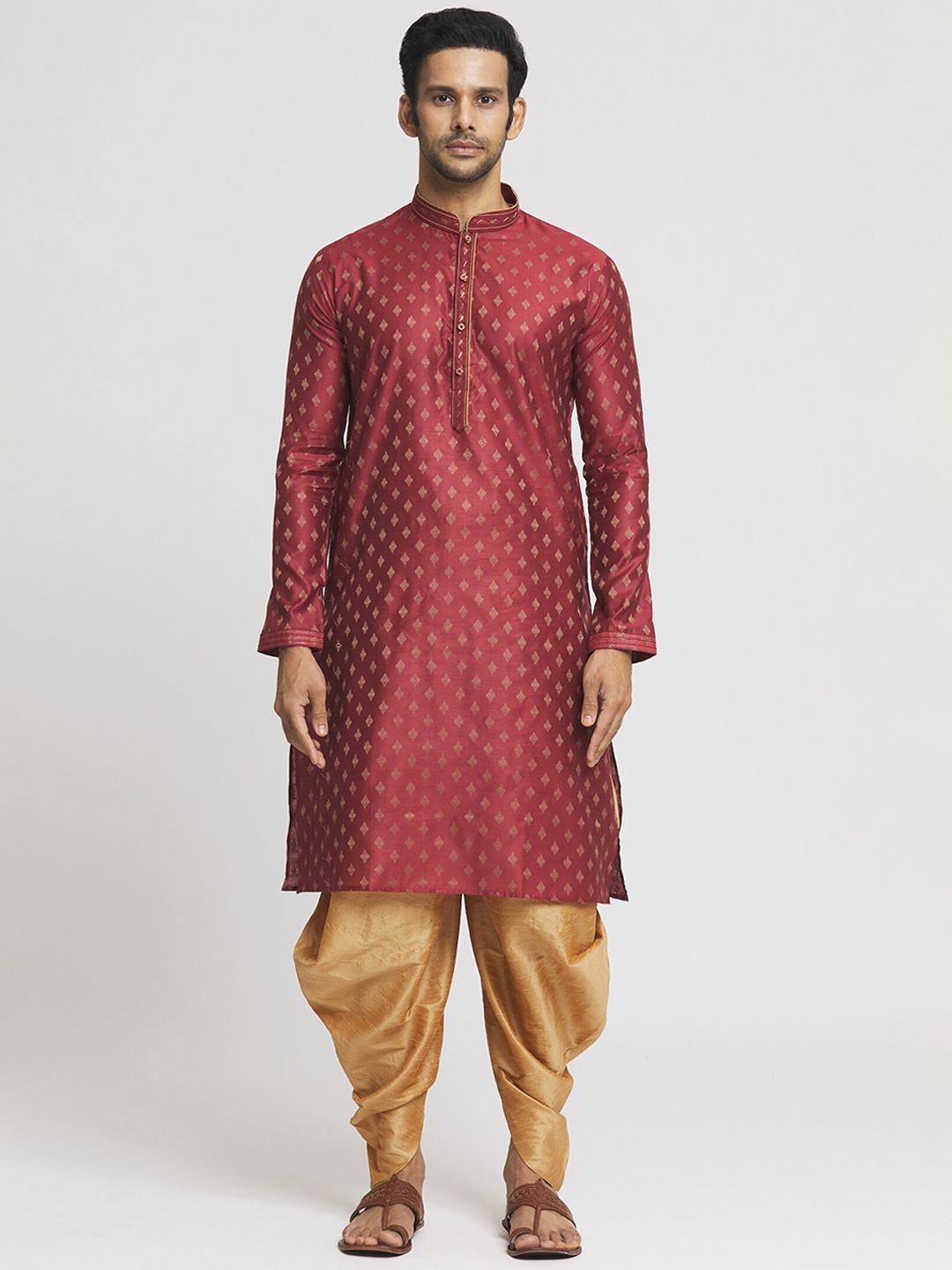 

Indian Poshakh Men Ethnic Motifs Regular Kurta with Dhoti Pants, Maroon