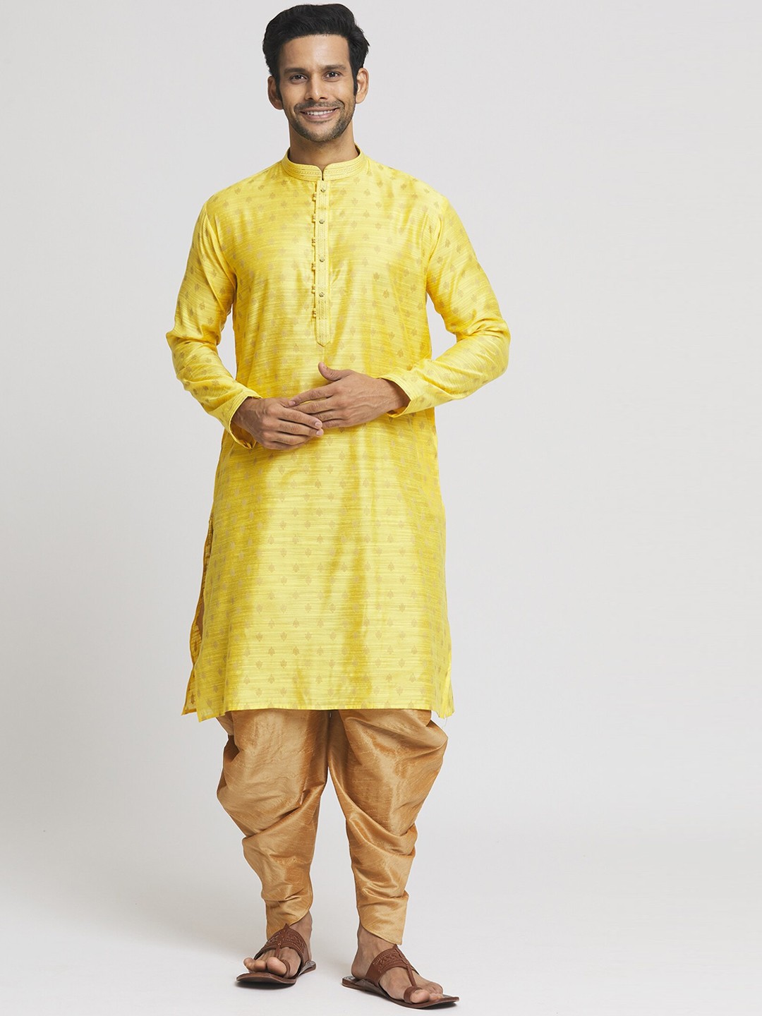 

Indian Poshakh Men Ethnic Motifs Printed Regular Kurta with Dhoti Pants, Yellow