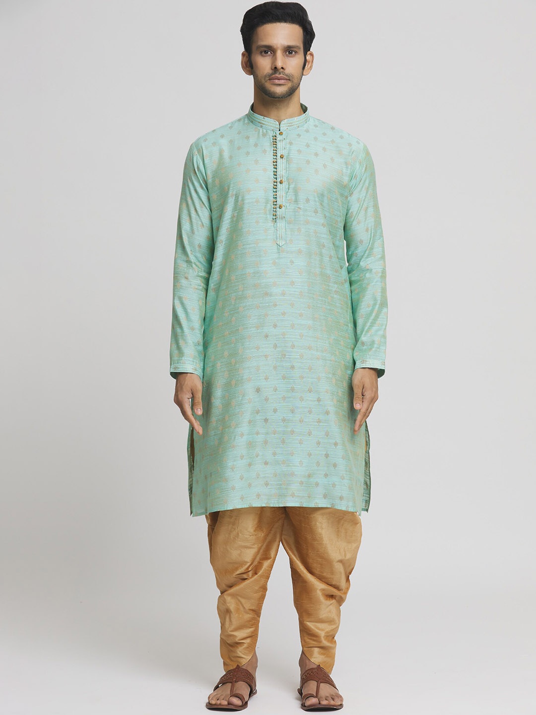 

Indian Poshakh Ethnic Motifs Woven Design Straight Kurta with Dhoti Pants, Sea green