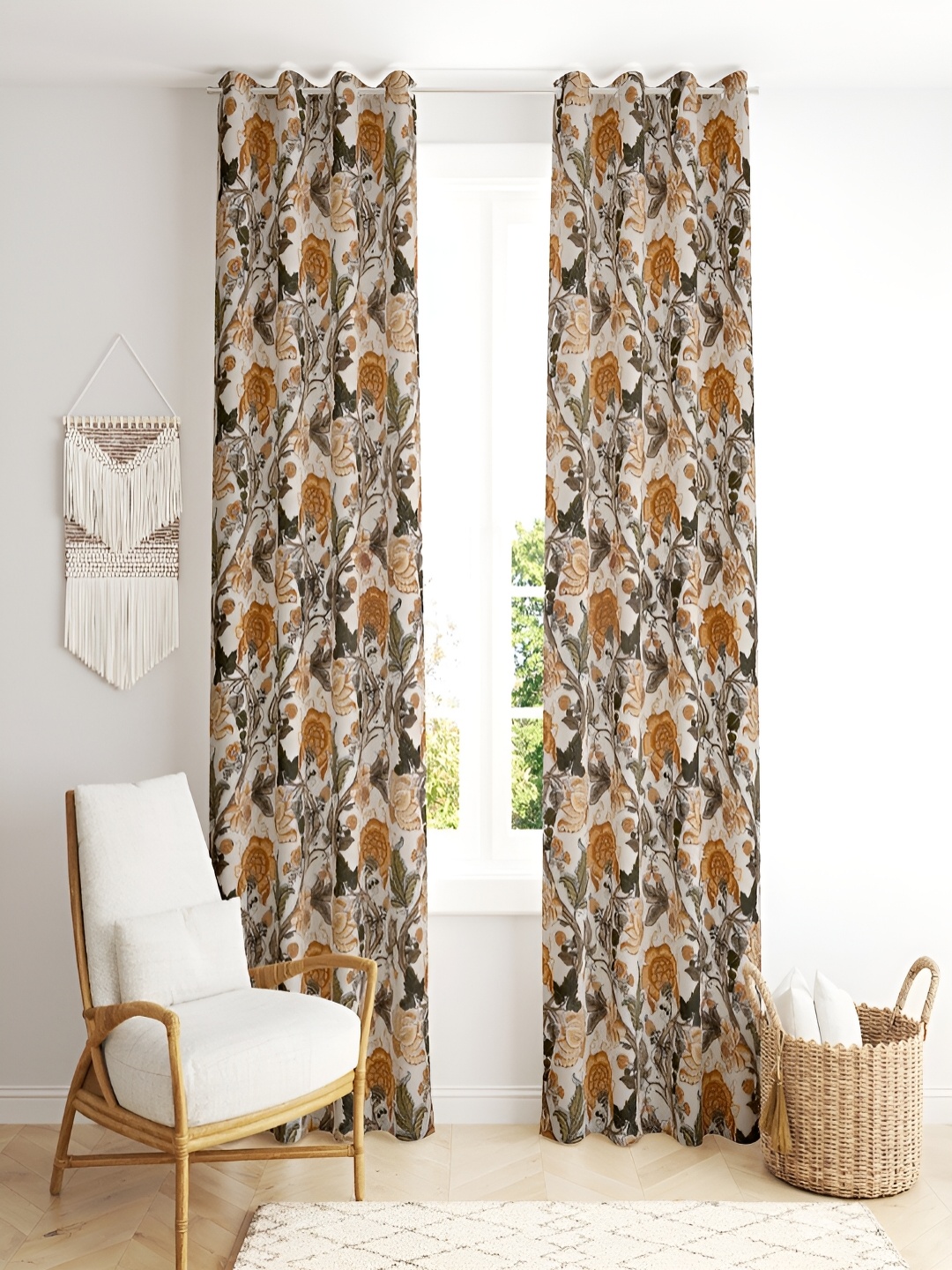 

CHICERY Cream Coloured & Brown 2 Pieces Floral Printed Cotton Room Darkening Door Curtains