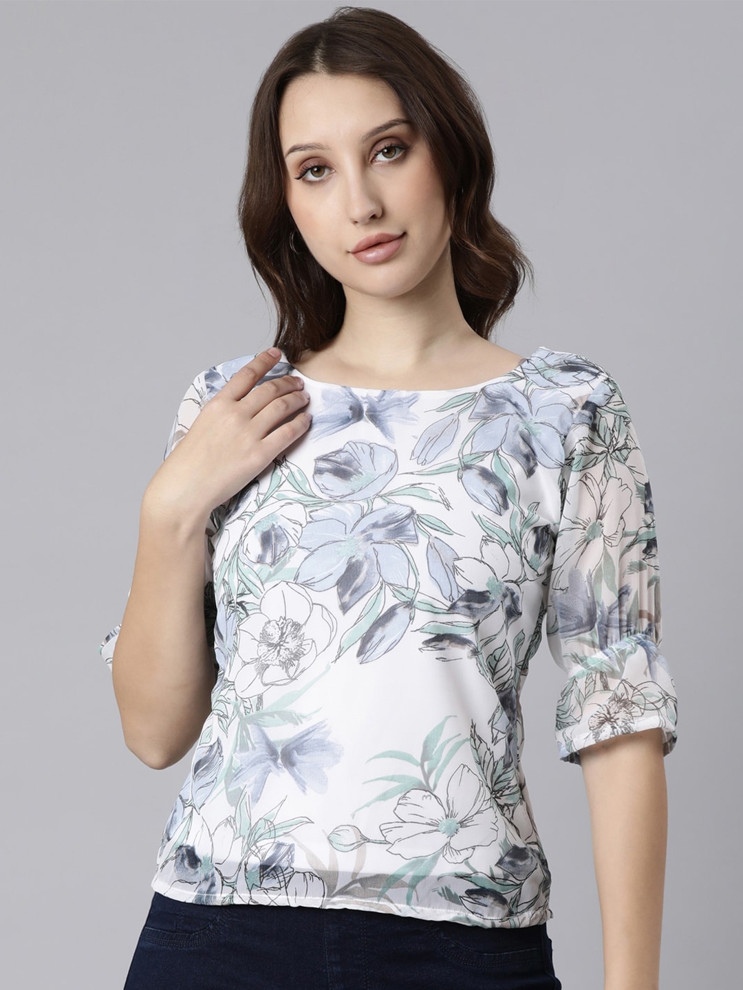 

TWIN BIRDS Floral Print Georgette Top, White