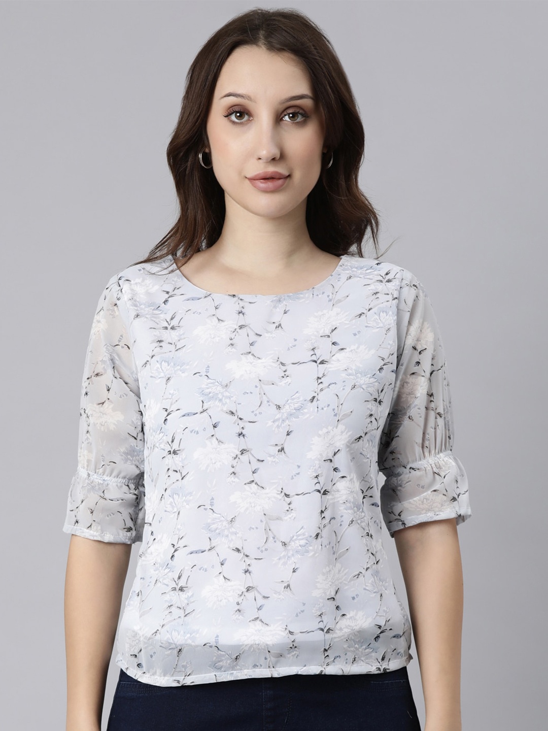 

TWIN BIRDS Floral Print Georgette Top, Blue