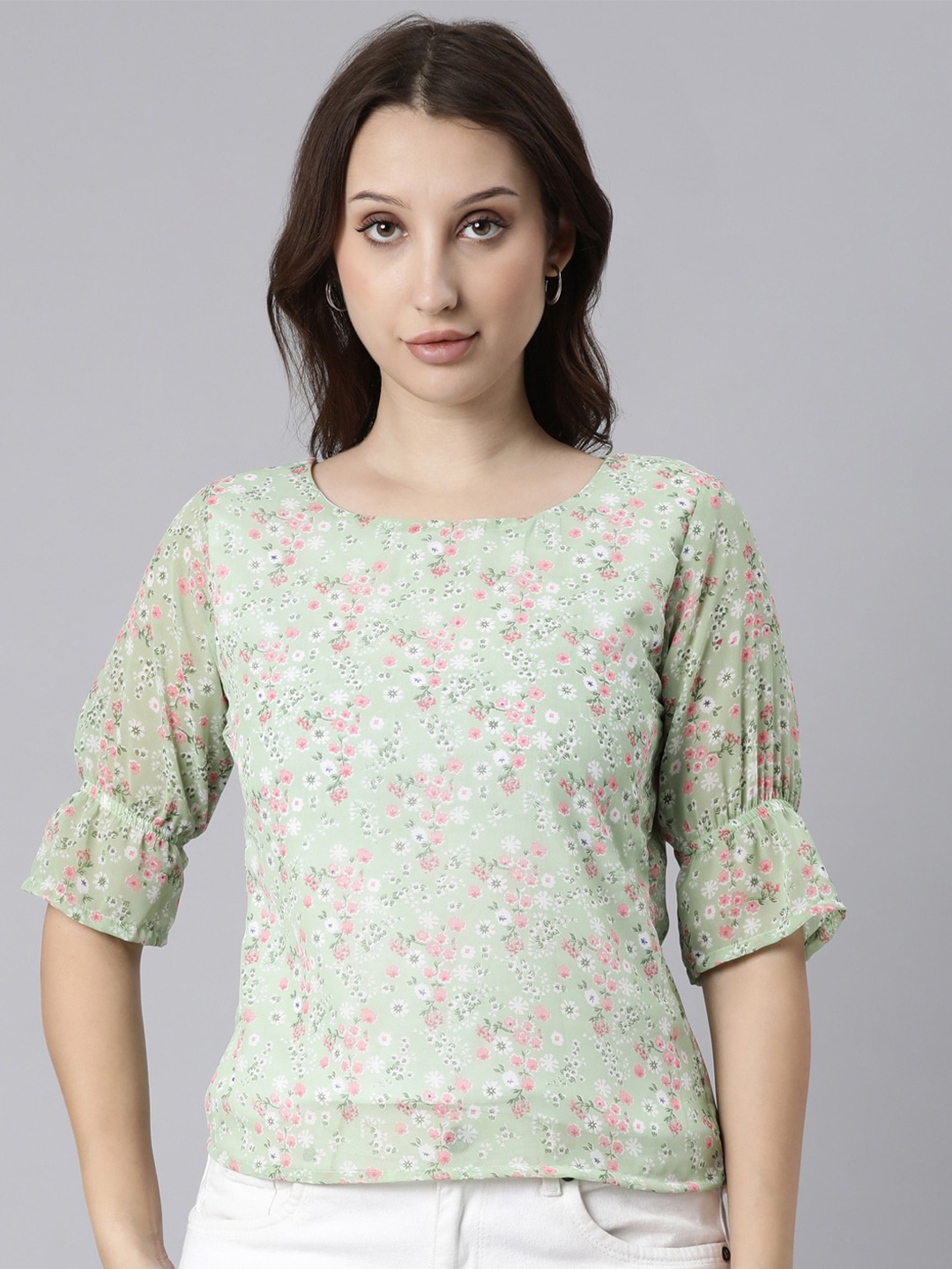 

TWIN BIRDS Floral Print Georgette Top, Green