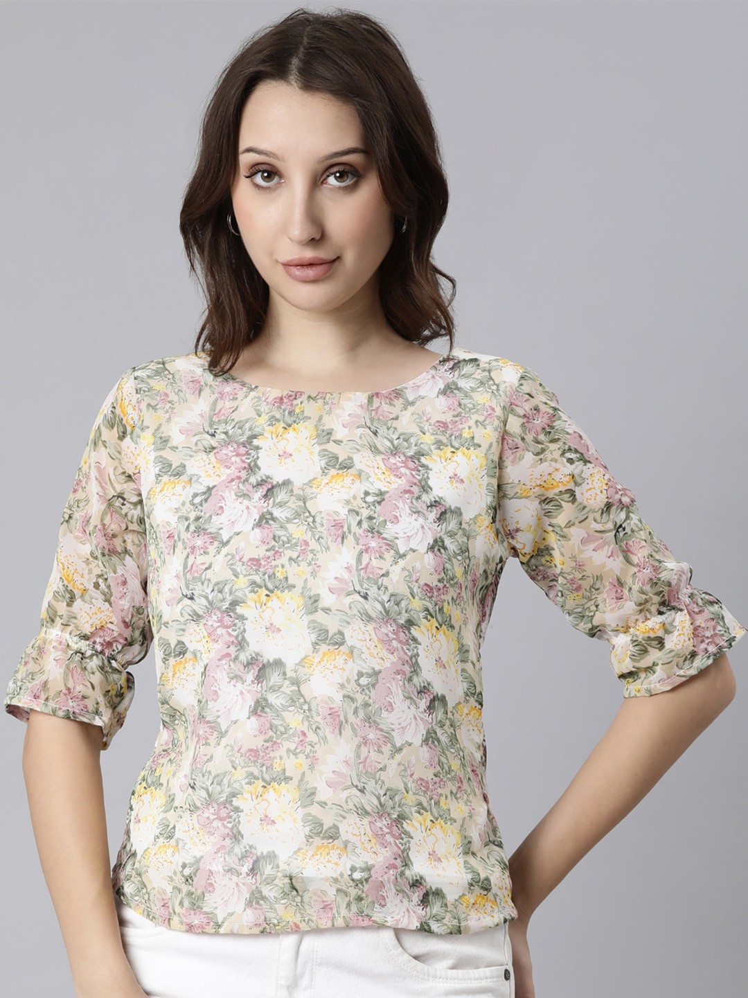

TWIN BIRDS Floral Printed Georgette Top, Yellow