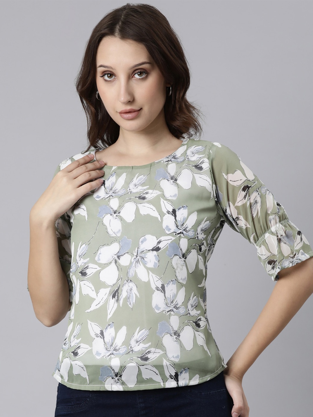 

TWIN BIRDS Floral Printed Georgette Top, Green