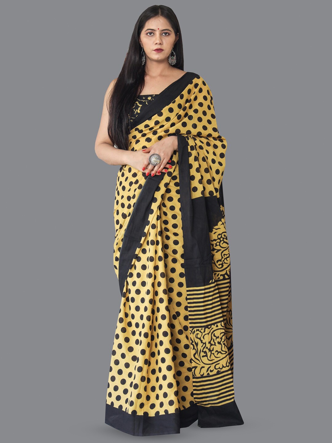 

KALINI Polka Dot Printed Pure Cotton Saree, Yellow