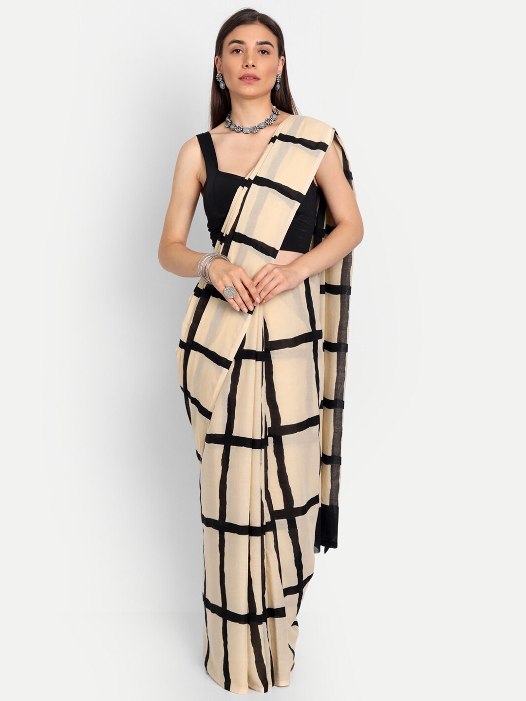 

KALINI Checked Pure Cotton Saree, Beige