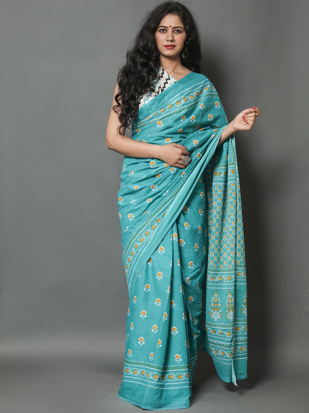 

KALINI Floral Printed Pure Cotton Saree, Teal