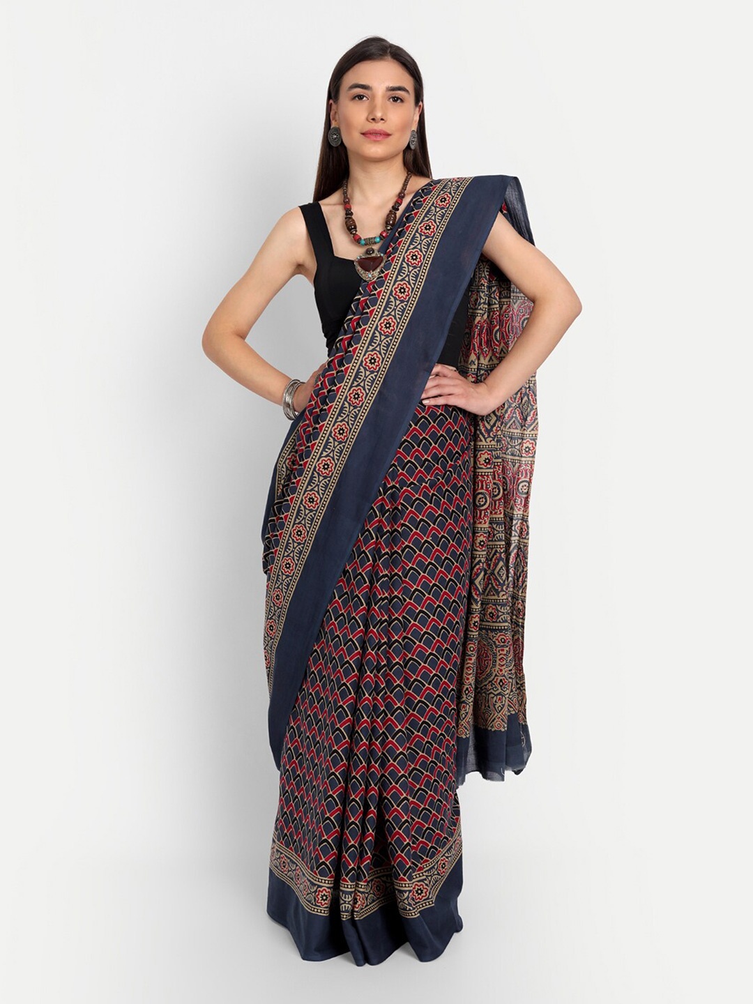 

KALINI Geometric Printed Pure Cotton Saree, Navy blue