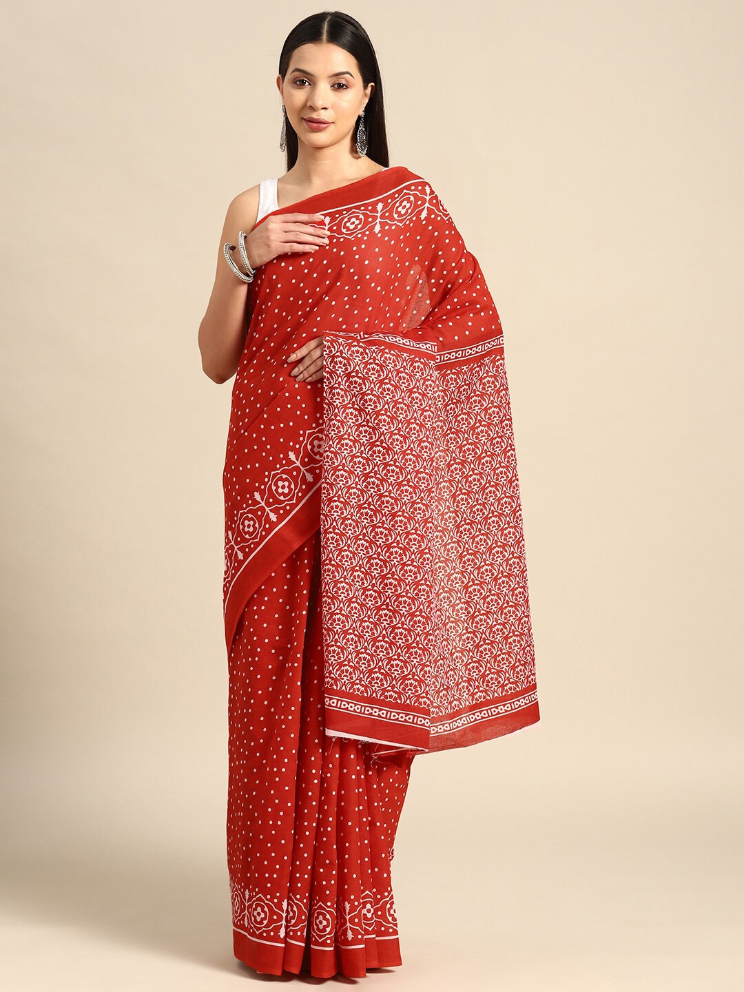 

KALINI Polka Dots Printed Pure Cotton Saree, Red