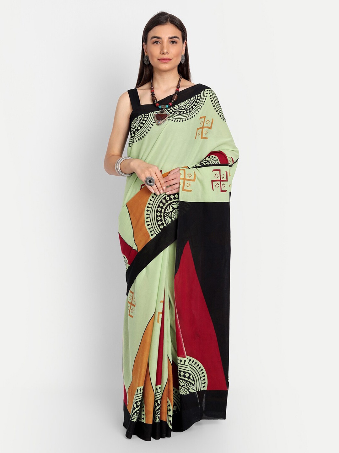

KALINI Ethnic Motifs Printed Pure Cotton Saree, Green