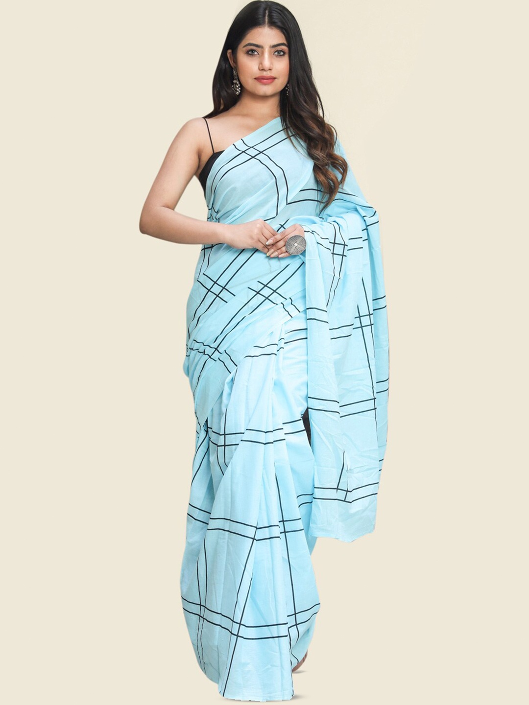 

KALINI Checked Pure Cotton Saree, Blue