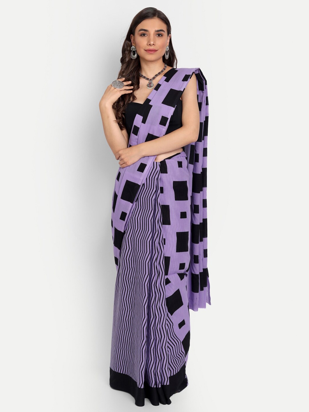 

KALINI Geometric Printed Pure Cotton Saree, Lavender