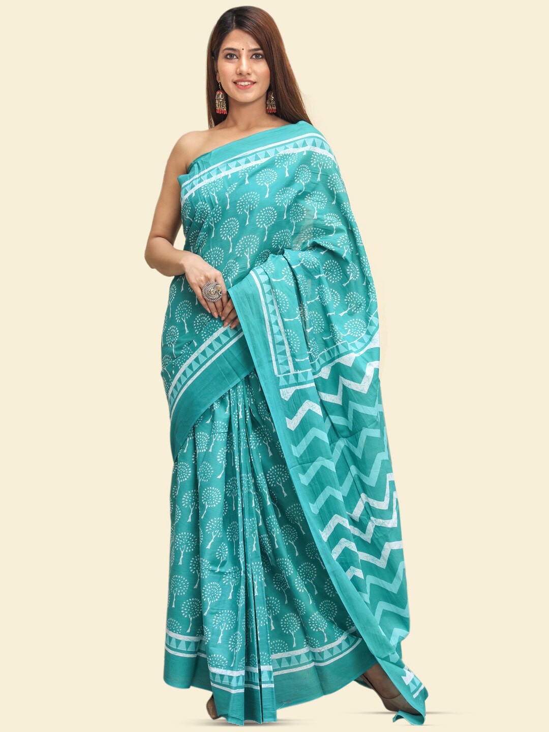 

KALINI Ethnic Motifs Printed Pure Cotton Saree, Teal