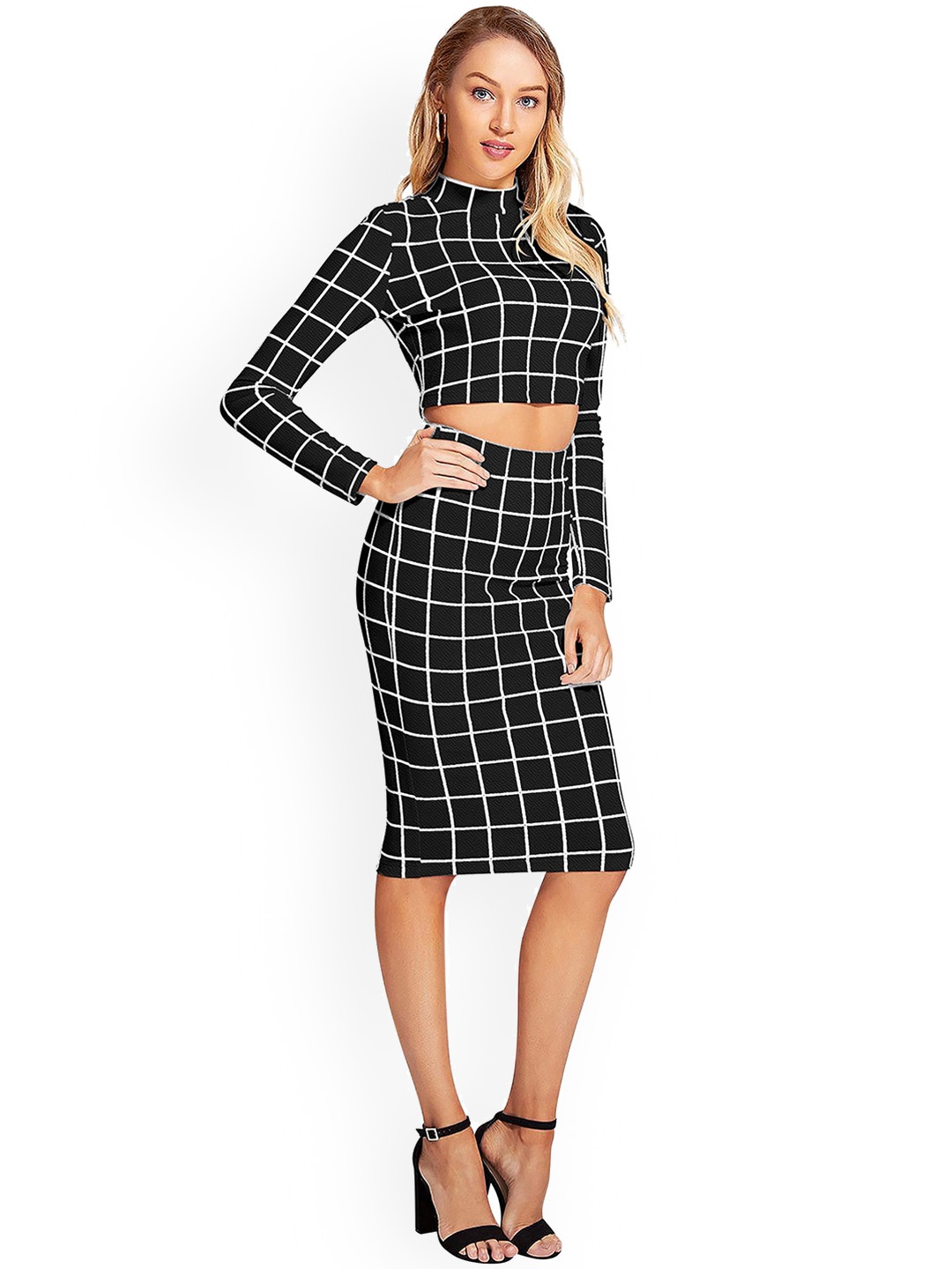 

ODETTE Checked Acrylic Top With Skirt, Black
