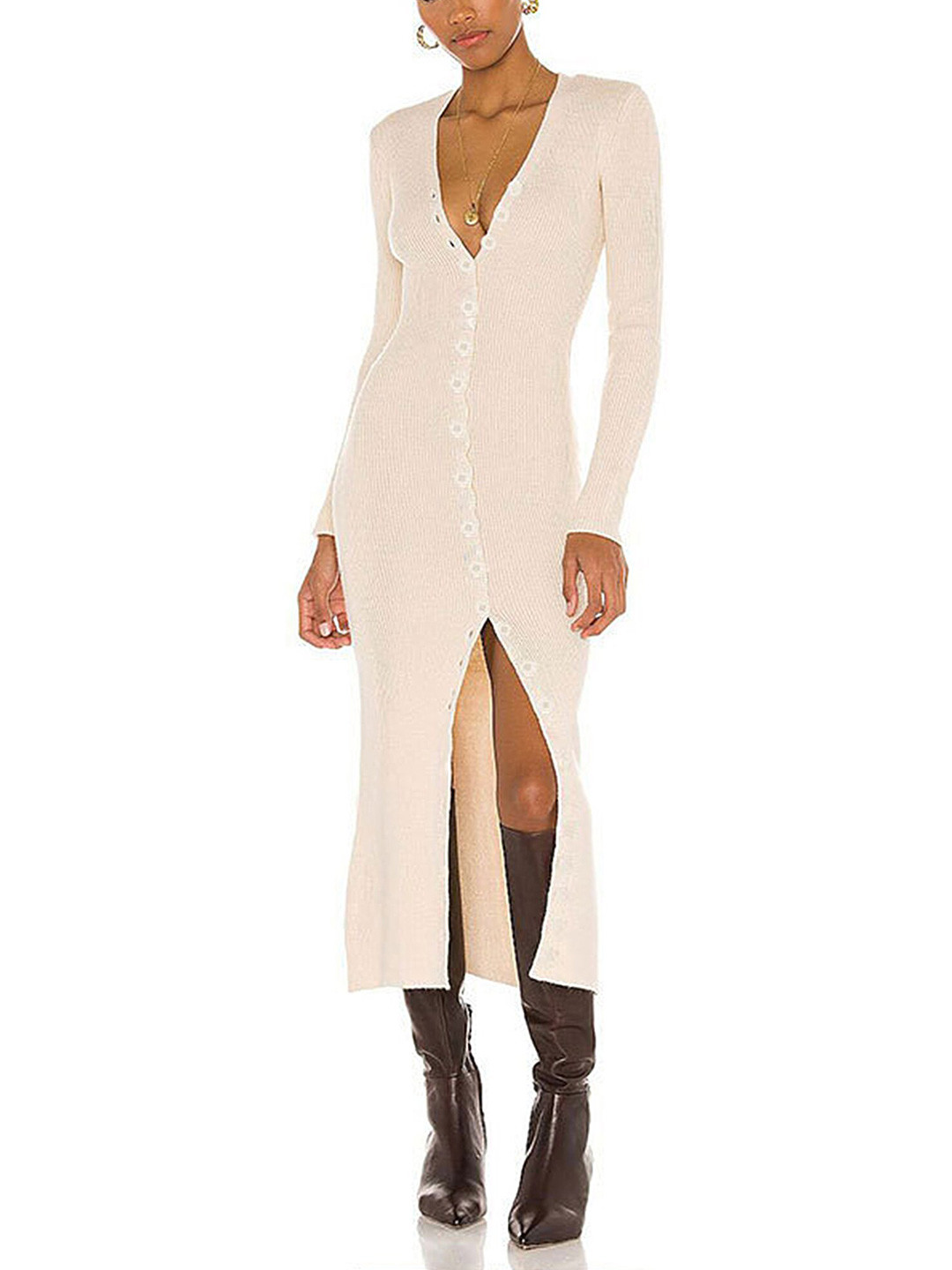 

LULU & SKY V-Neck Long Sleeves Sheath Maxi Dress, Beige