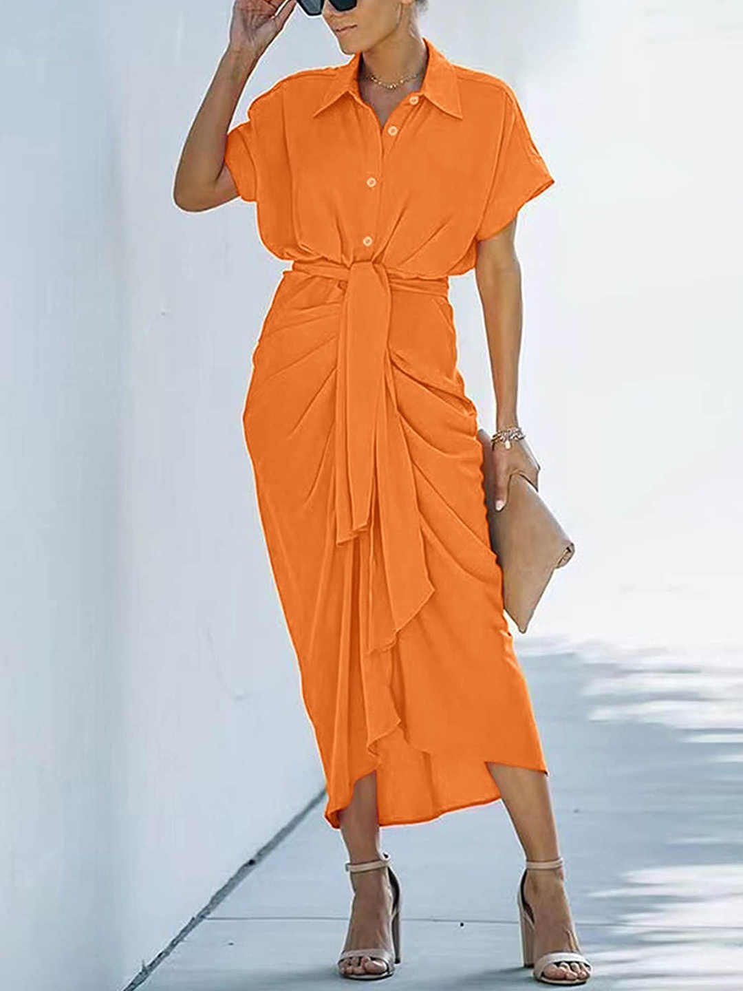 

LULU & SKY Extended Sleeves Shirt Style Midi Dress, Orange