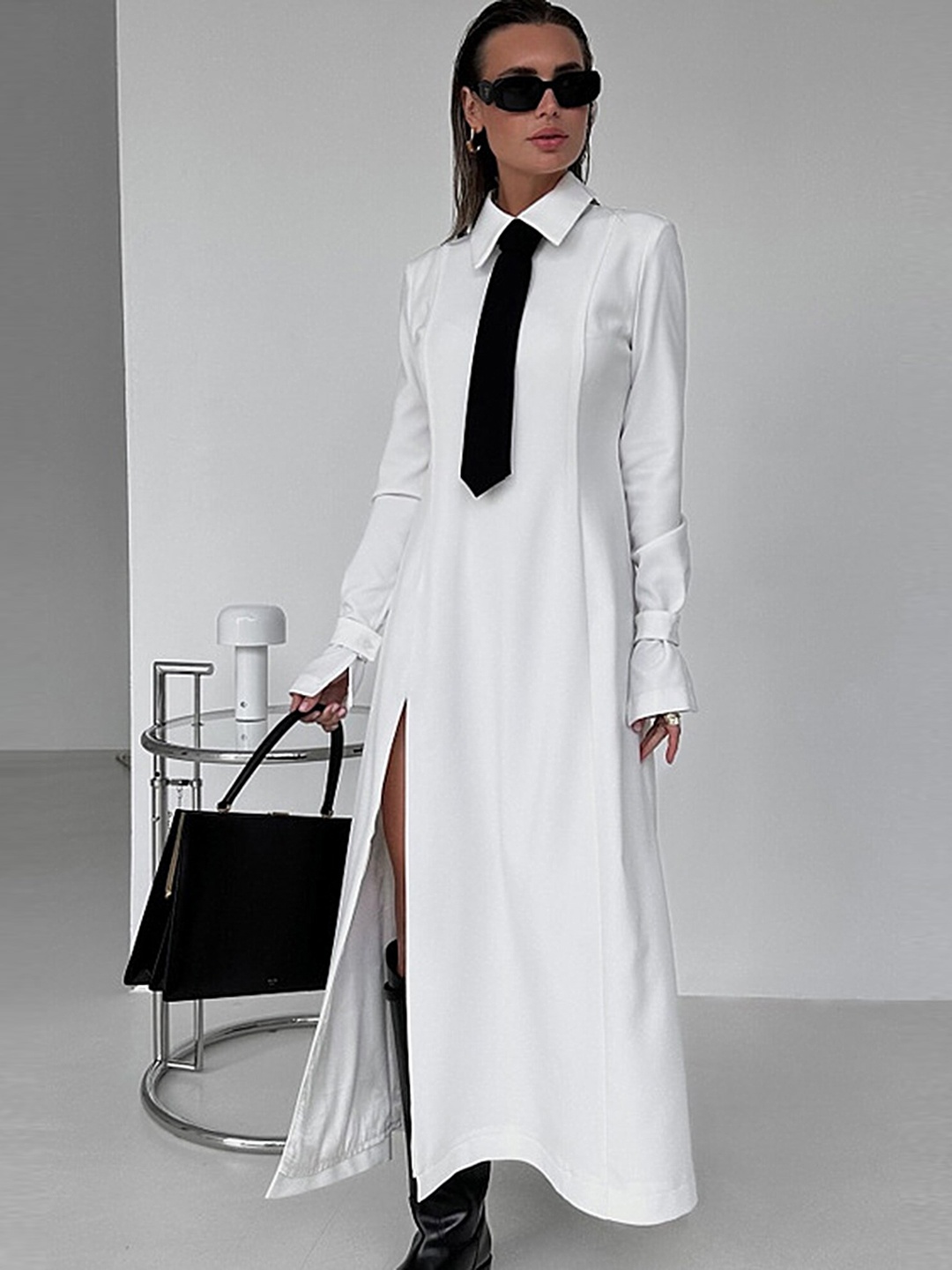 

LULU & SKY Long Sleeves Shirt Maxi Dress With Tie, White