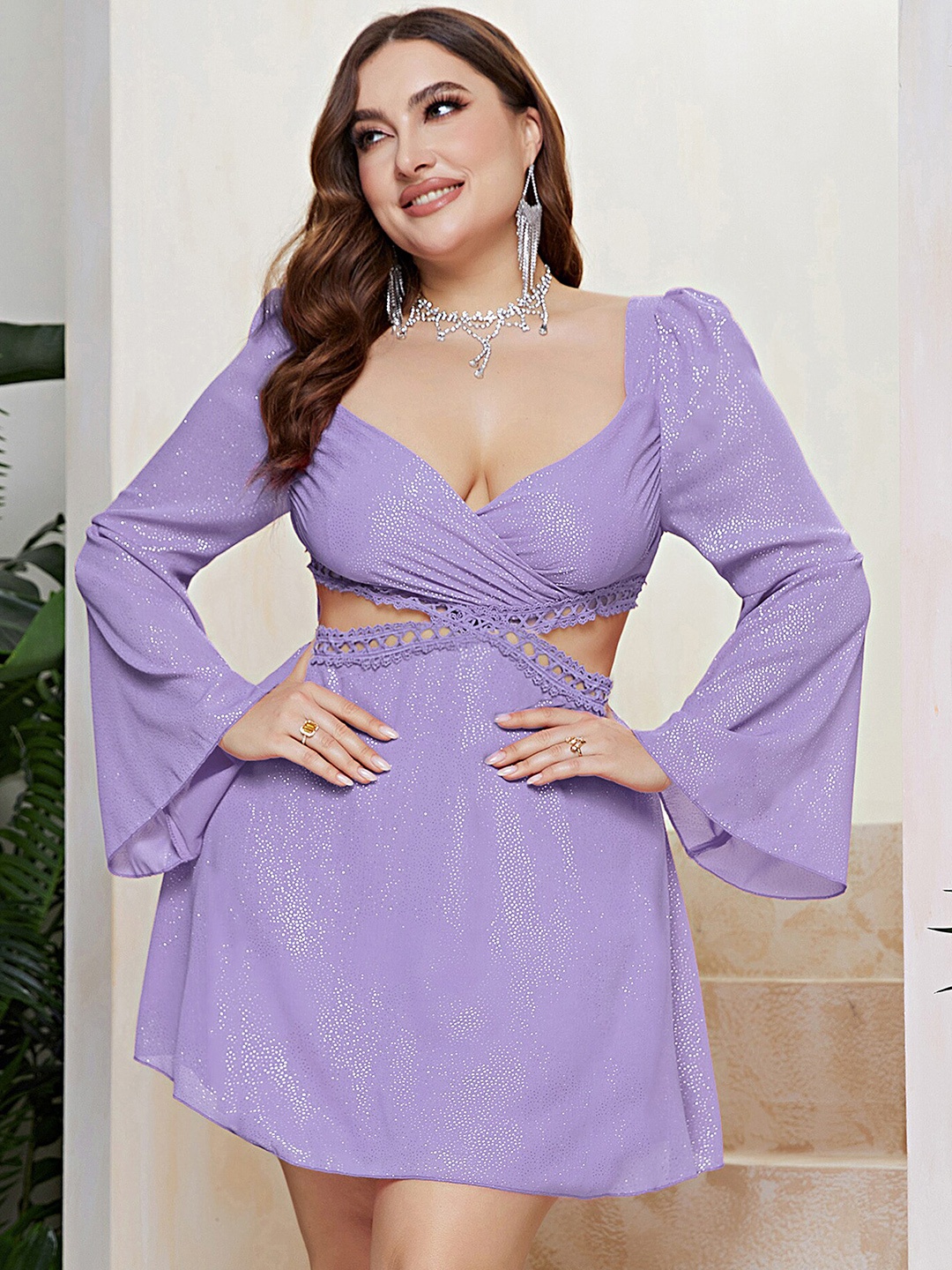 

LULU & SKY Plus Size Embellished Flared Sleeve Cut Out Fit & Flare Dress, Purple