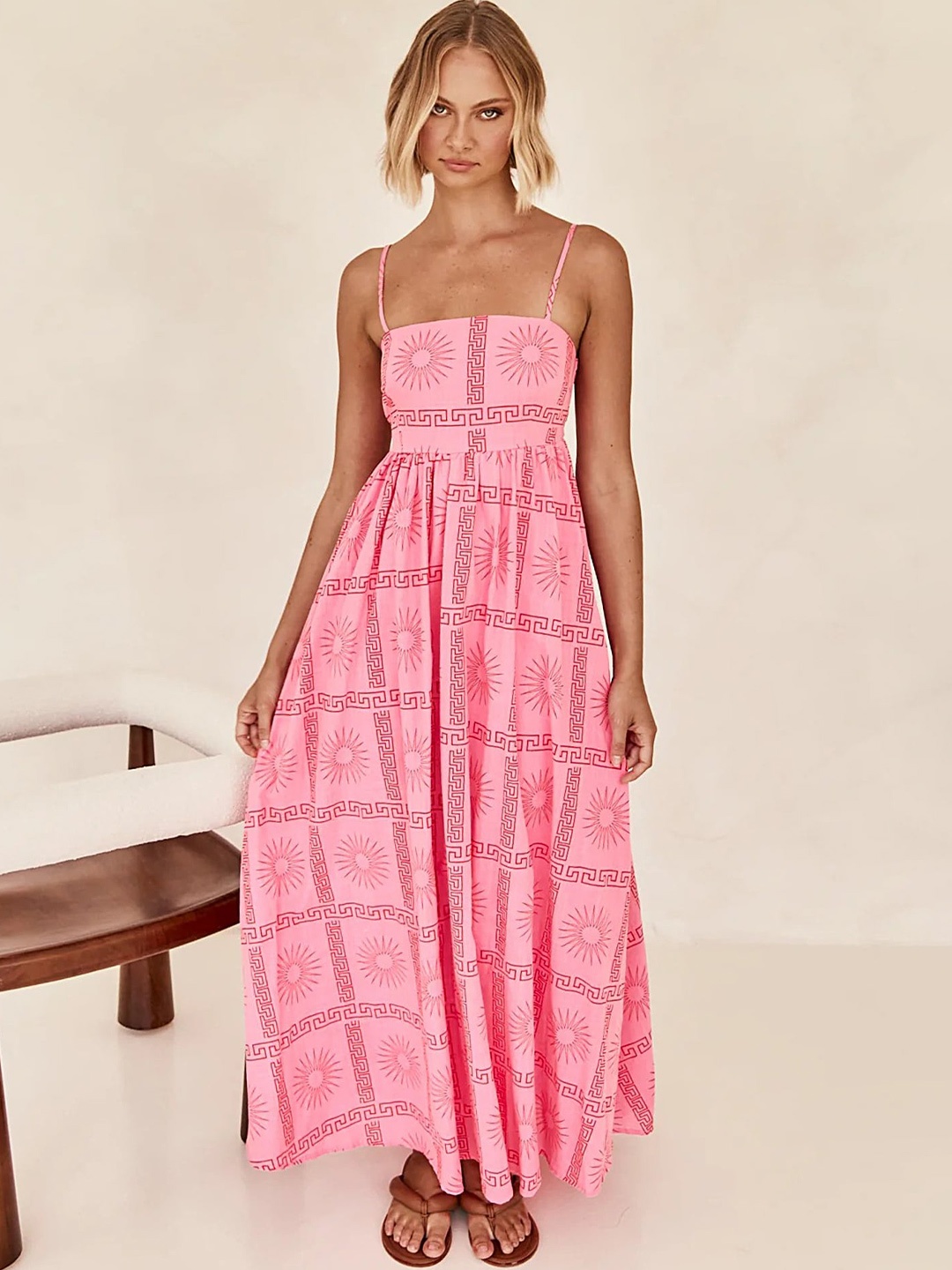 

LULU & SKY Ethnic Motifs Printed Sleeveless Maxi Dress, Pink