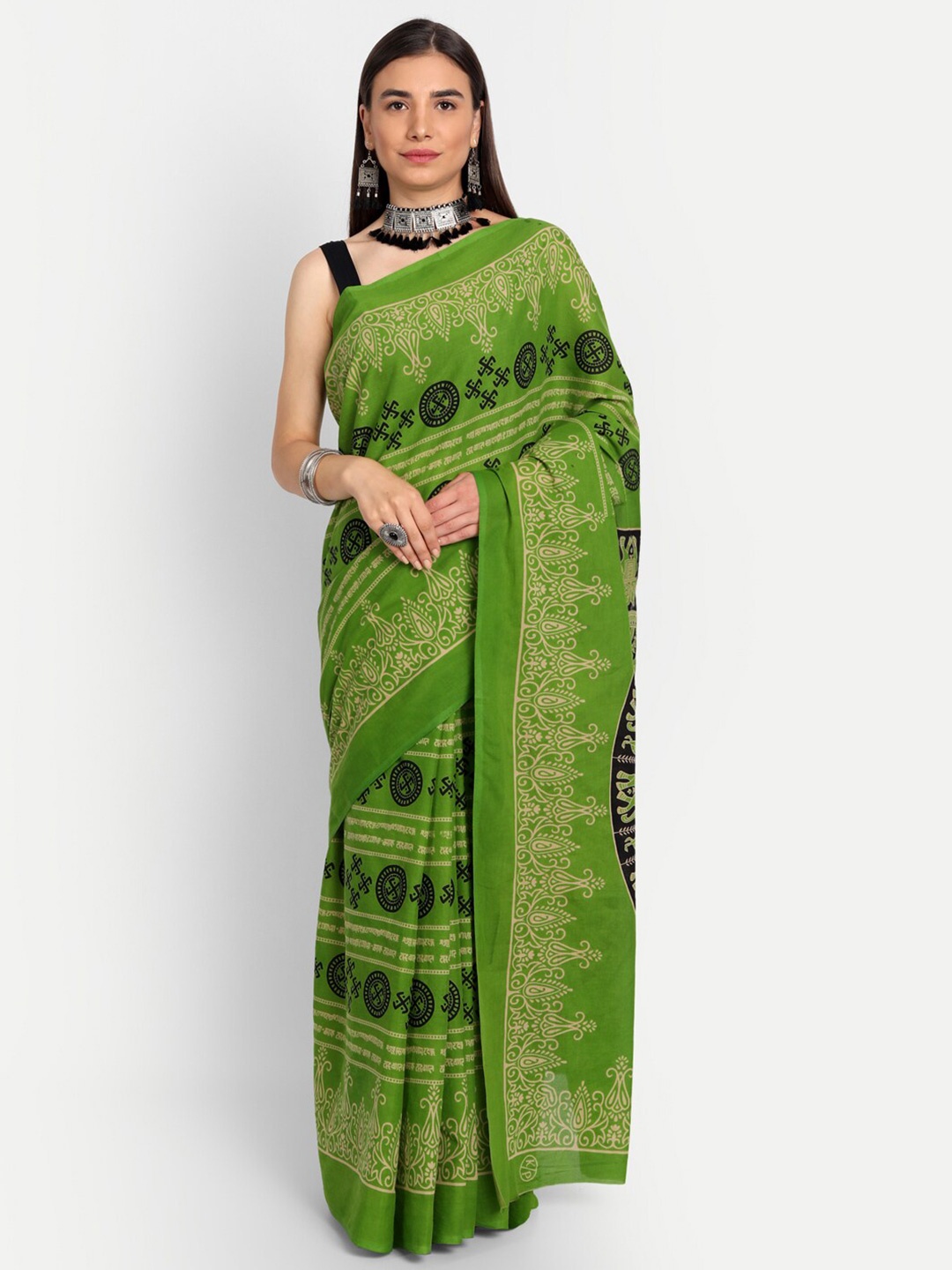 

KALINI Ethnic Motifs Printed Pure Cotton Saree, Green
