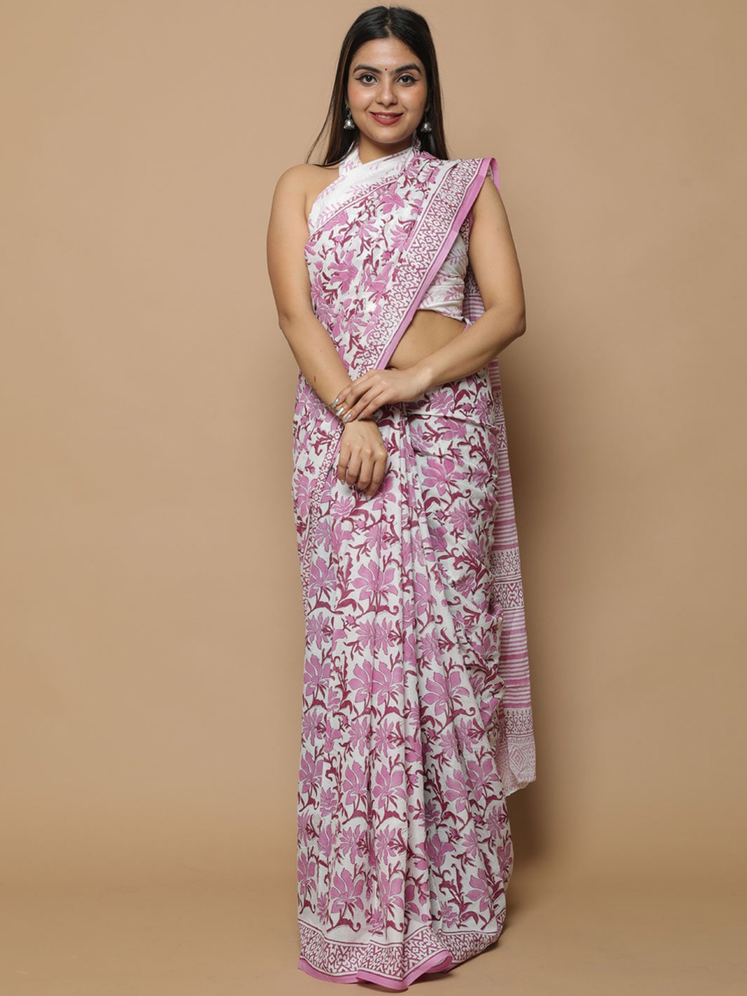 

KALINI Floral Printed Pure Cotton Saree, Pink