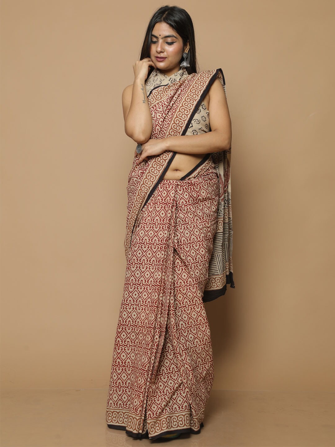 

KALINI Ethnic Motifs Printed Pure Cotton Saree, Rust