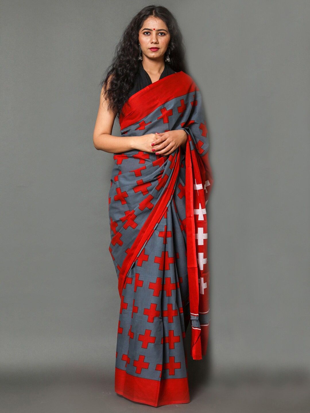 

KALINI Geometric Printed Pure Cotton Saree, Grey