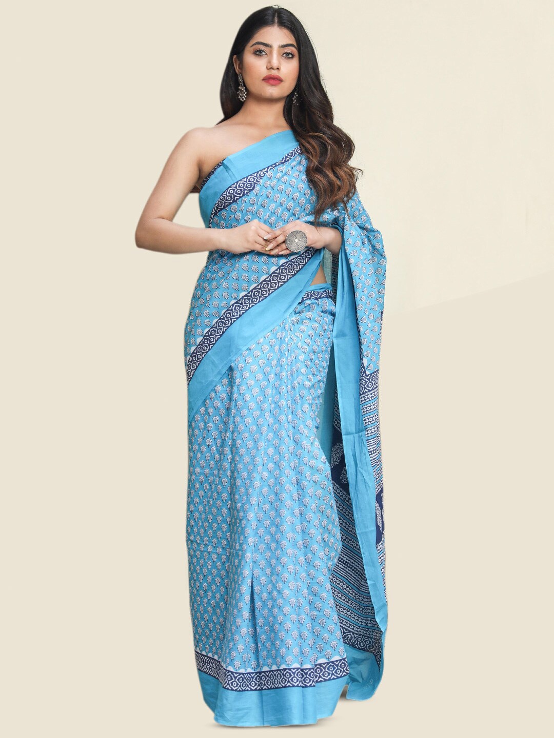 

KALINI Ethnic Motifs Printed Pure Cotton Saree, Blue