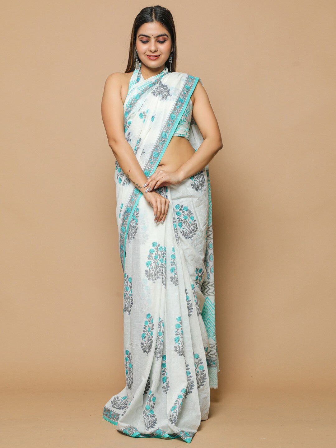 

KALINI Ethnic Motifs Printed Pure Cotton Saree, Blue