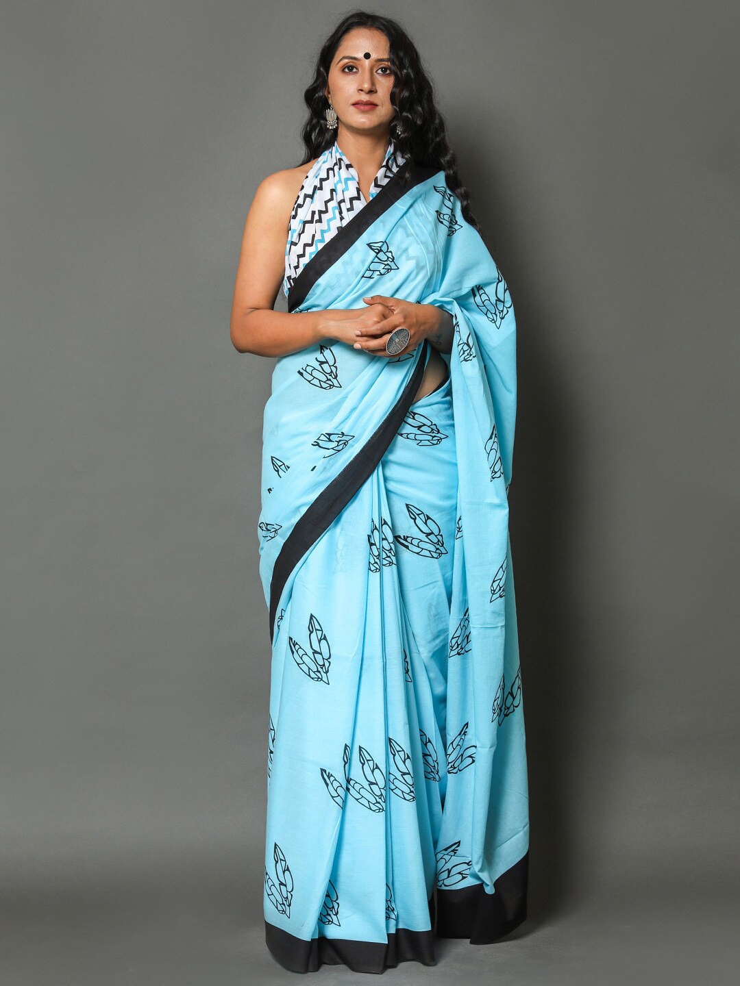 

KALINI Ethnic Motifs Printed Pure Cotton Saree, Blue