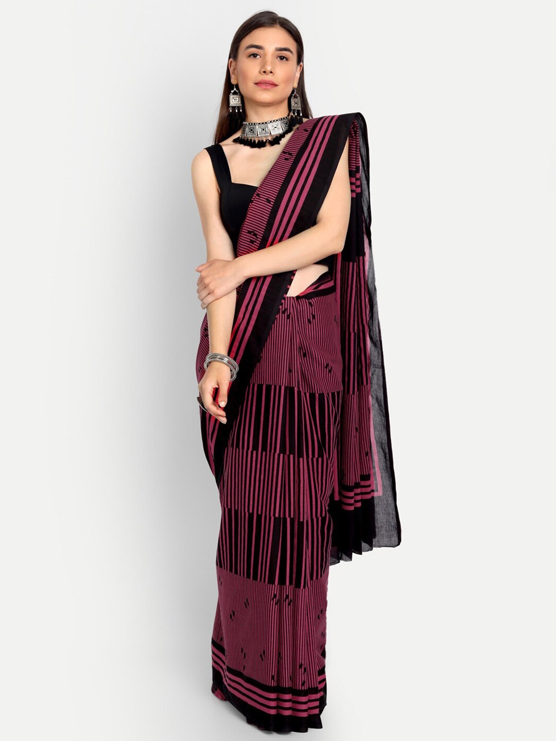 

KALINI Striped Pure Cotton Saree, Burgundy