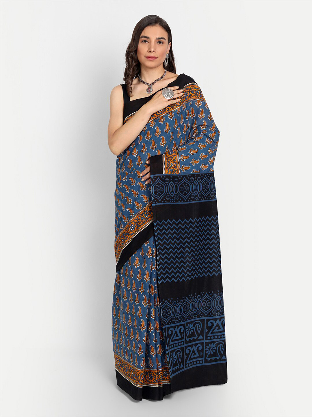 

KALINI Ethnic Motifs Printed Pure Cotton Saree, Blue