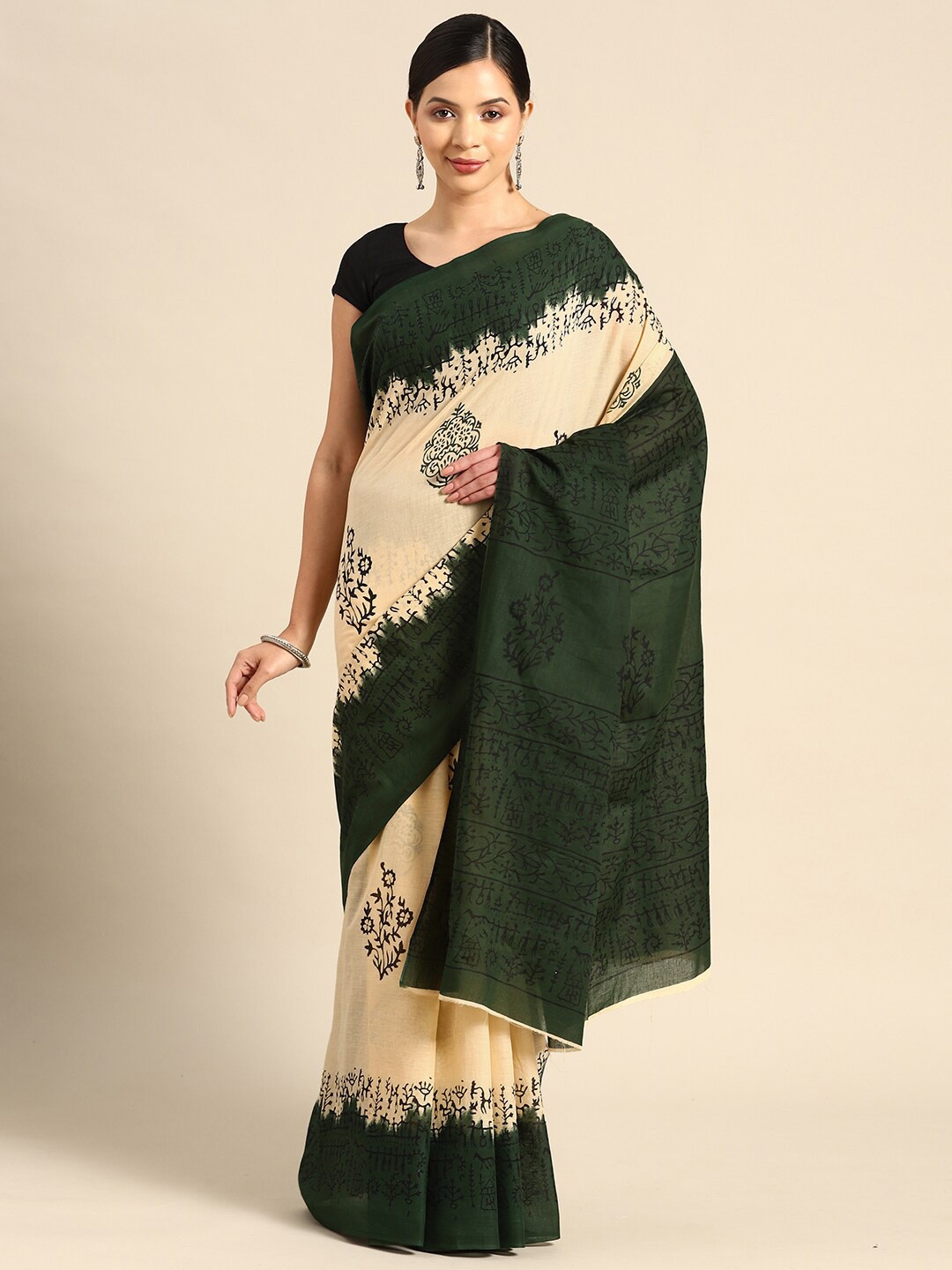 

KALINI Floral Printed Pure Cotton Saree, Beige