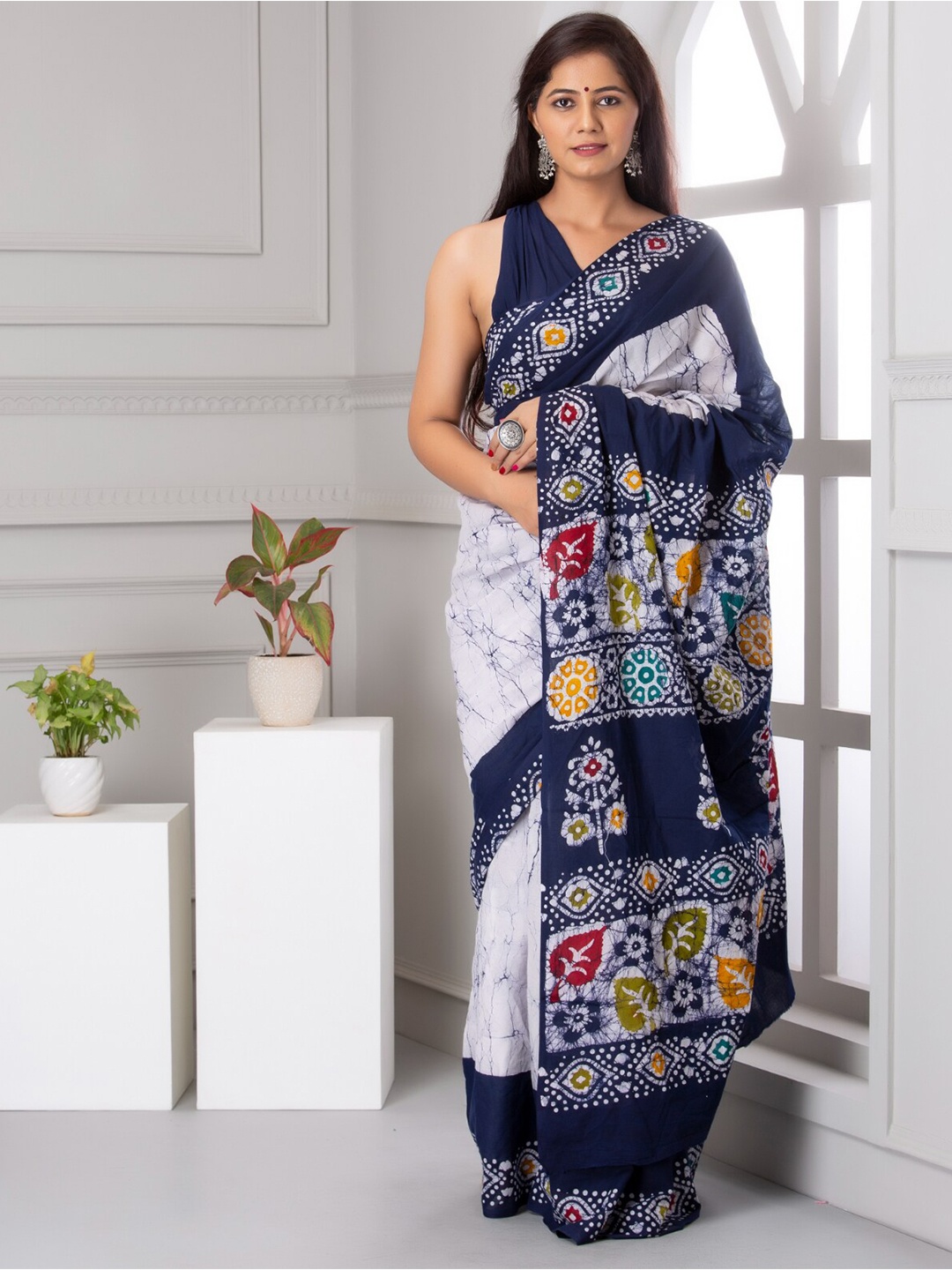KALINI Printed Pure Cotton Saree, White
