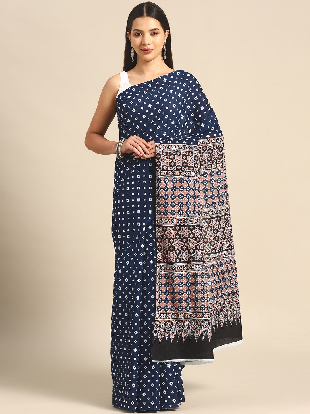 

KALINI Geometric Printed Pure Cotton Saree, Navy blue